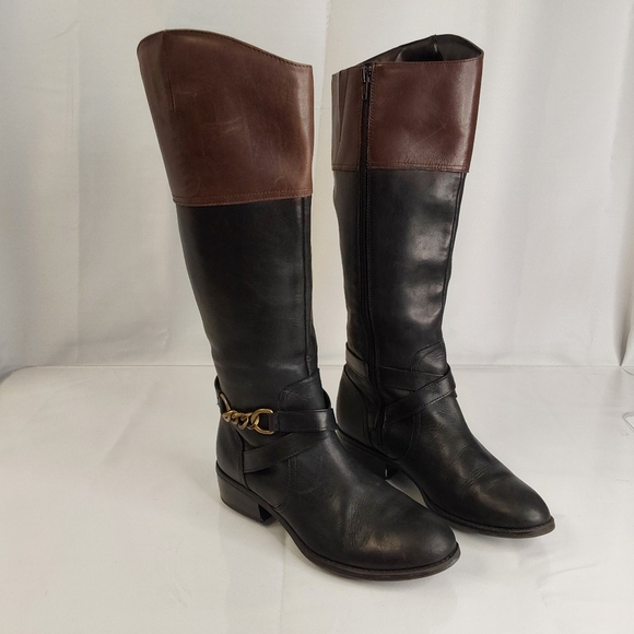 Ralph Lauren Menna Riding Boots Brown Black Leather Shoes Womens Sz 7B - Picture 1 of 7